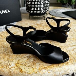 CHANEL Black Wedge Sandals